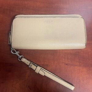Coach Beige Textured Leather Double Zip Wristlet Wallet